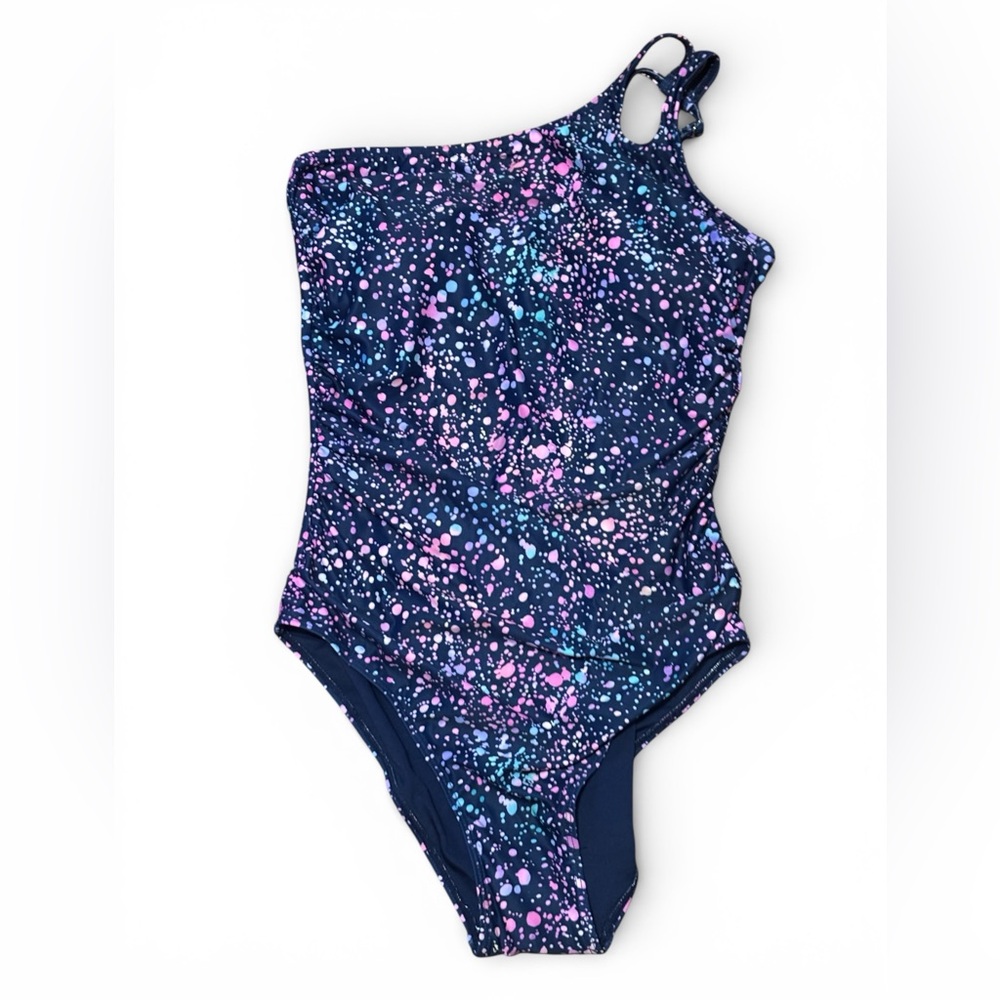 Women’s One-Shoulder Navy Splash Print One-Piece Swimsuit Size L NWT